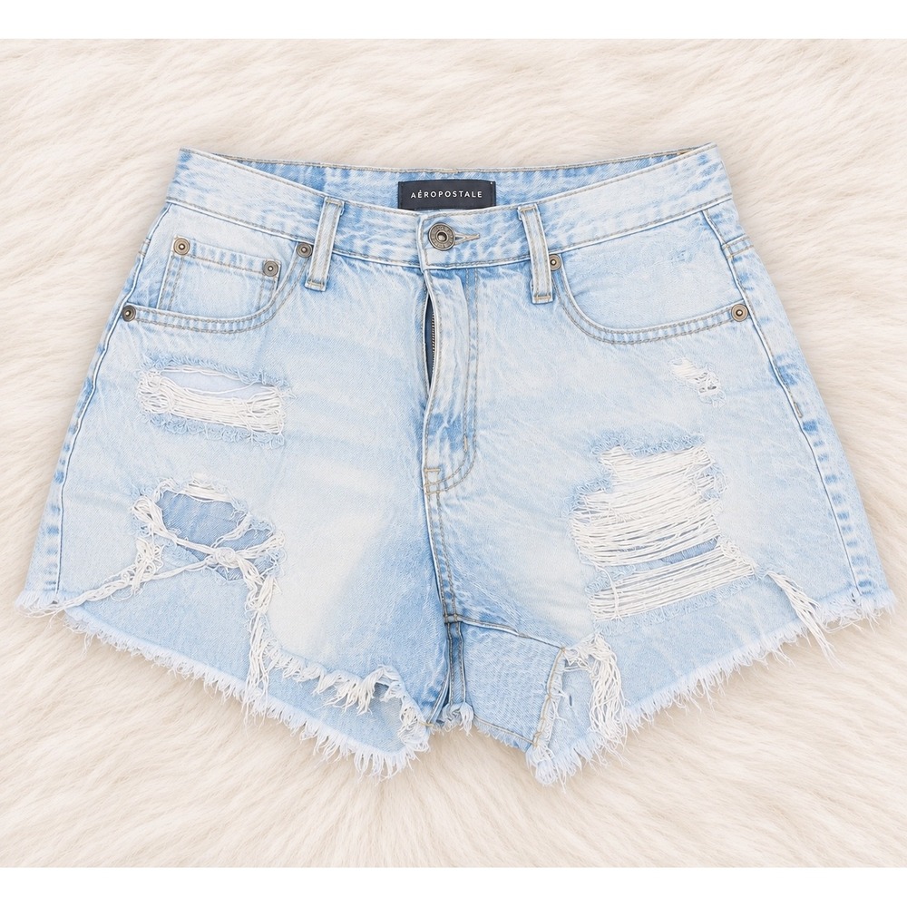 Aeropostale 90s High Rise Cut-Off Distressed Denim Shorts Light Wash Blue Size 8